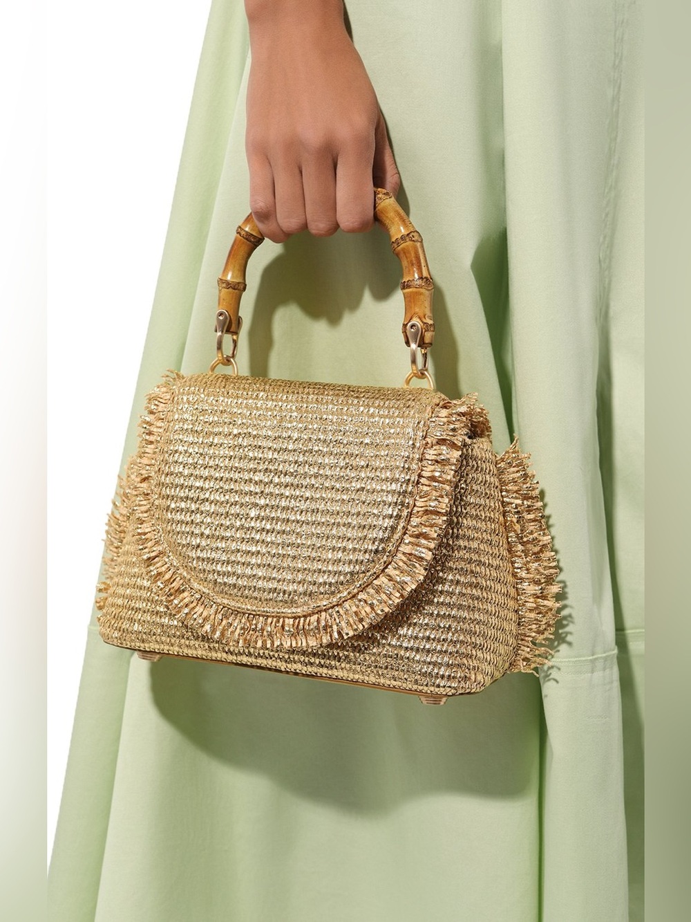 Cult Gaia “Ozzy” leather rattan bamboo mini fringe boho satchel bag